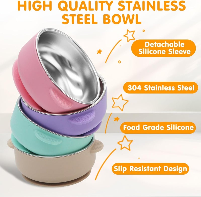 JVEOO 4 Pack Stainless Steel Baby Bowls with Suction, 2-in-1 SUS304 Toddlers Bowl & Removable Silicone Suction Kids Bowl Anti Scald Non Toxic Snack Container for Baby Food Feeding - Image 2